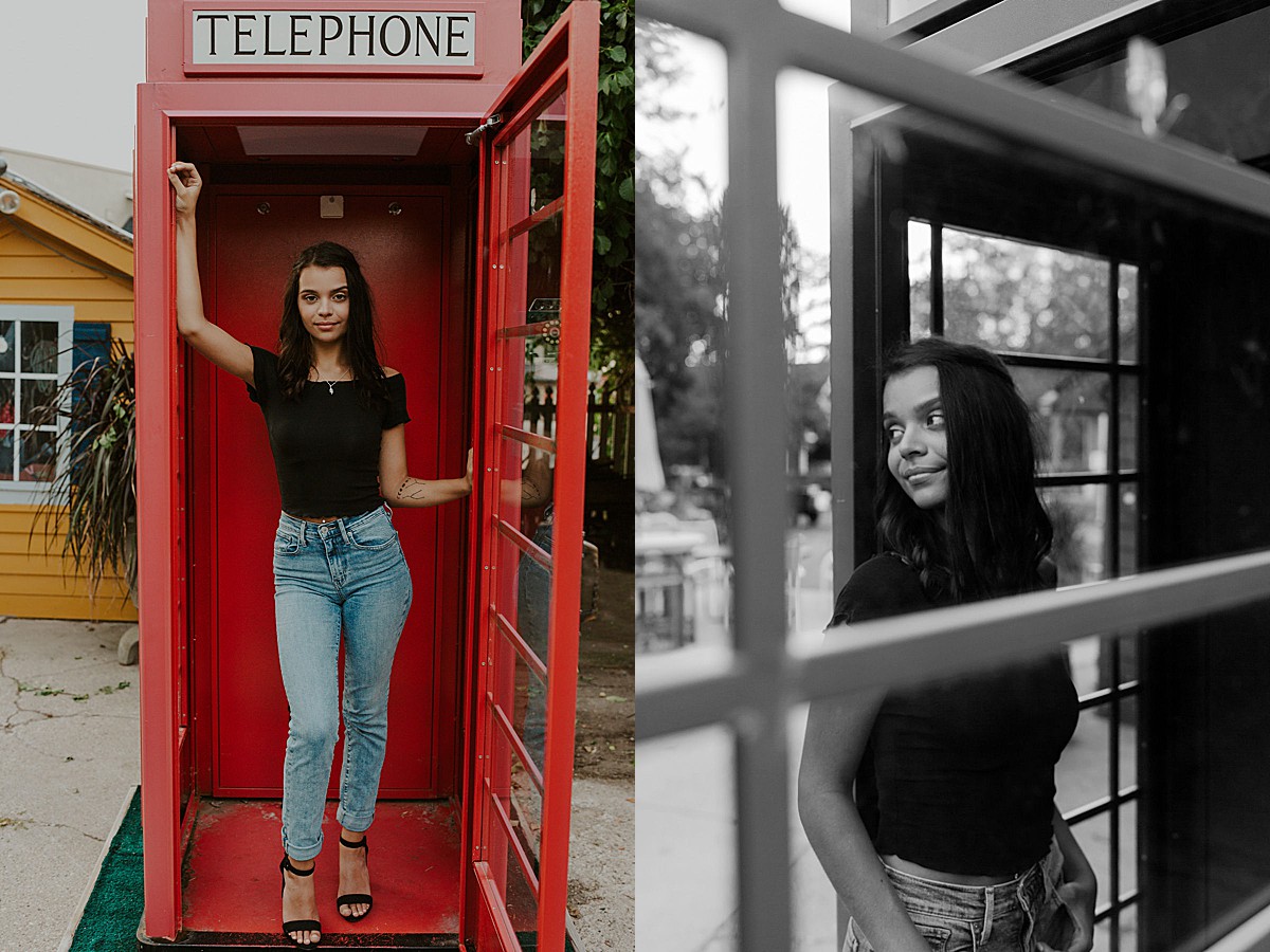 Senior photo in phone booth