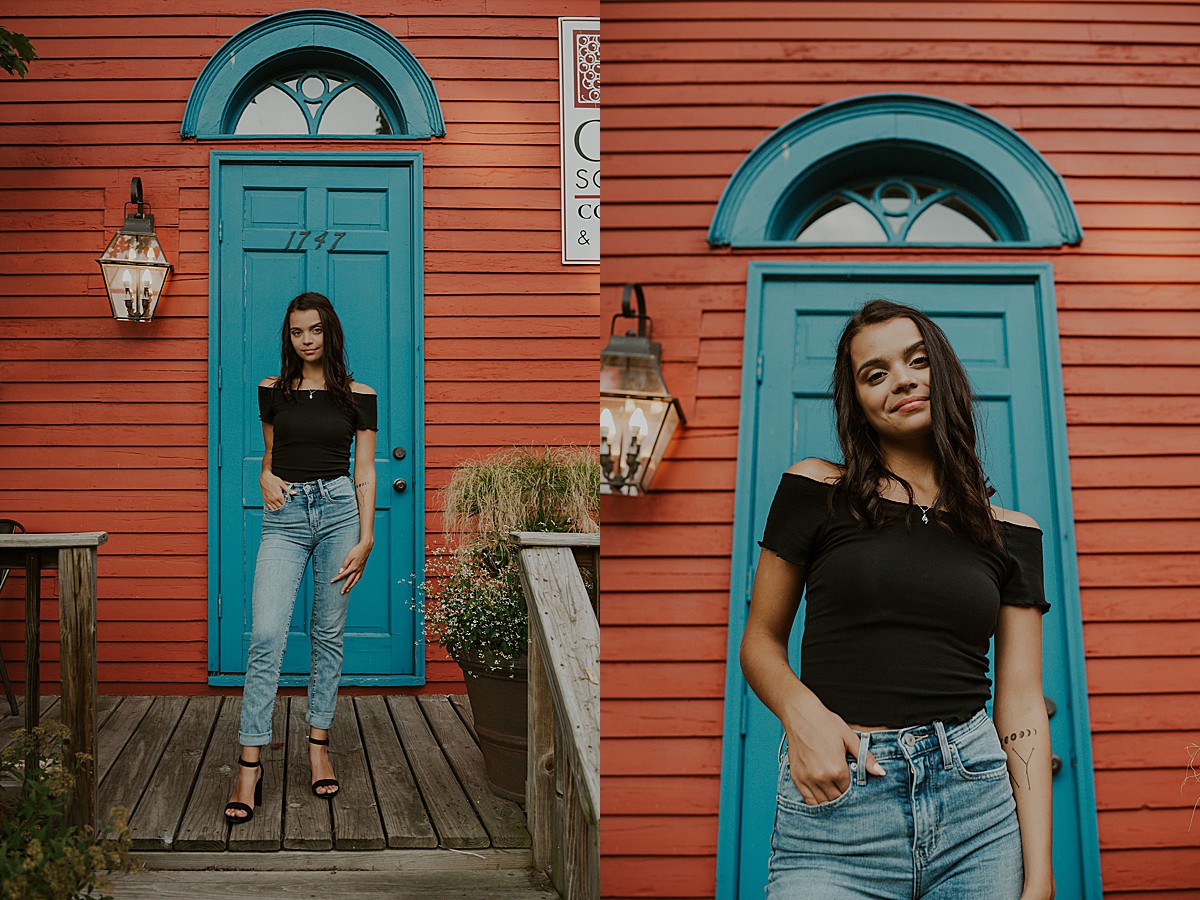 Senior girl in front of blue door