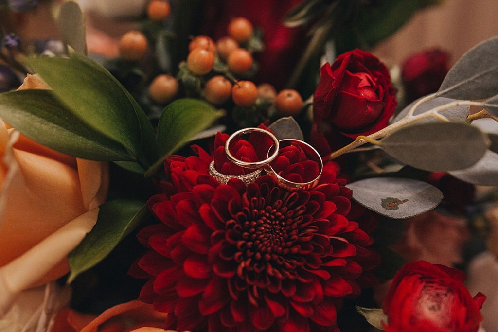 Wedding rings in bouquet